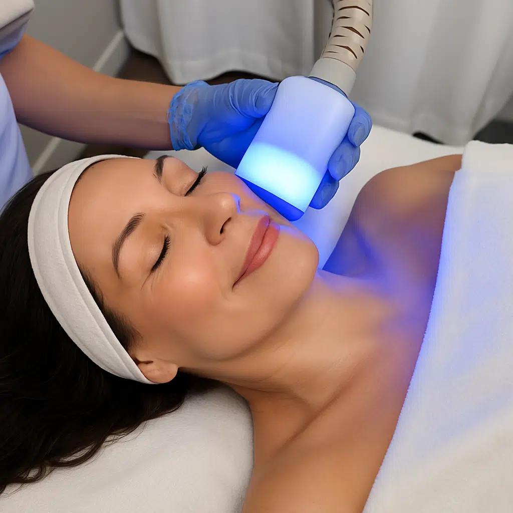Guest relaxing during a Cryo Facial cheek treatment